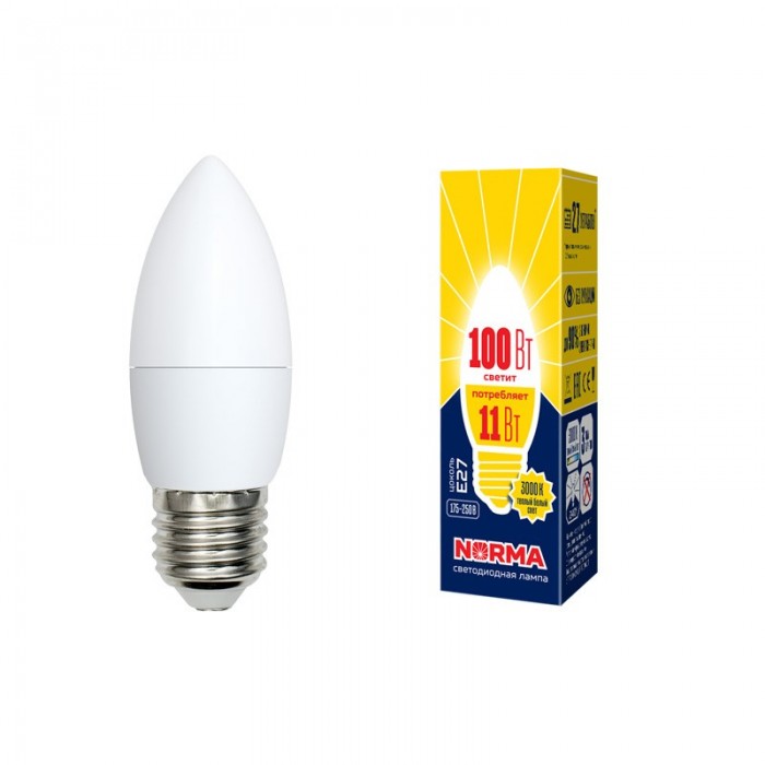 Лампа LED НОРМА E27-С37-11Вт-3000К свеча,теплый