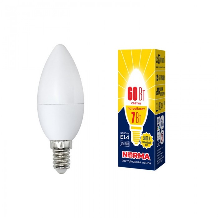 Лампа LED НОРМА E14-С37-7Вт-3000К свеча,теплый