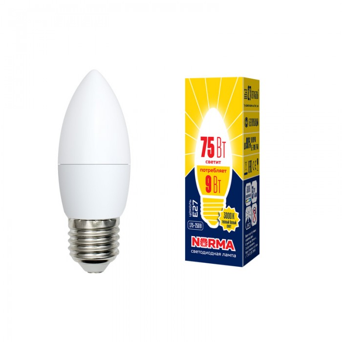Лампа LED НОРМА E27-С37-9Вт-3000К свеча,теплый
