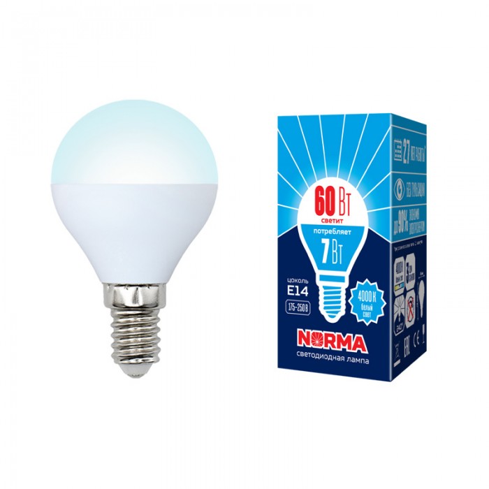 Лампа LED НОРМА E14-G45-7Вт-4000К шар,нейтральный 