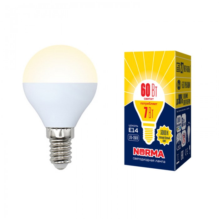 Лампа LED НОРМА E14-G45-7Вт-3000К шар,теплый