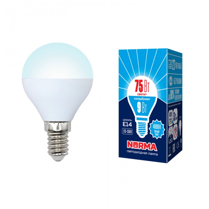 Лампа LED НОРМА E14-G45-9Вт-4000К шар,нейтральный 
