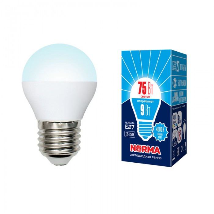 Лампа LED НОРМА E27-G45-9Вт-4000К шар,нейтральный 
