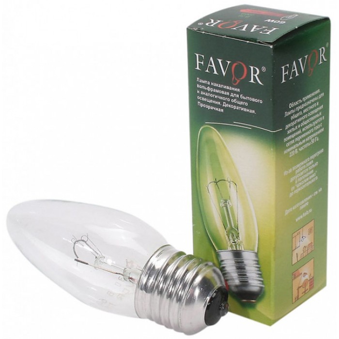 Лампа накаливания ФАВОР E27-ДС-60Вт-230В свеча,индивидуальная упаковка